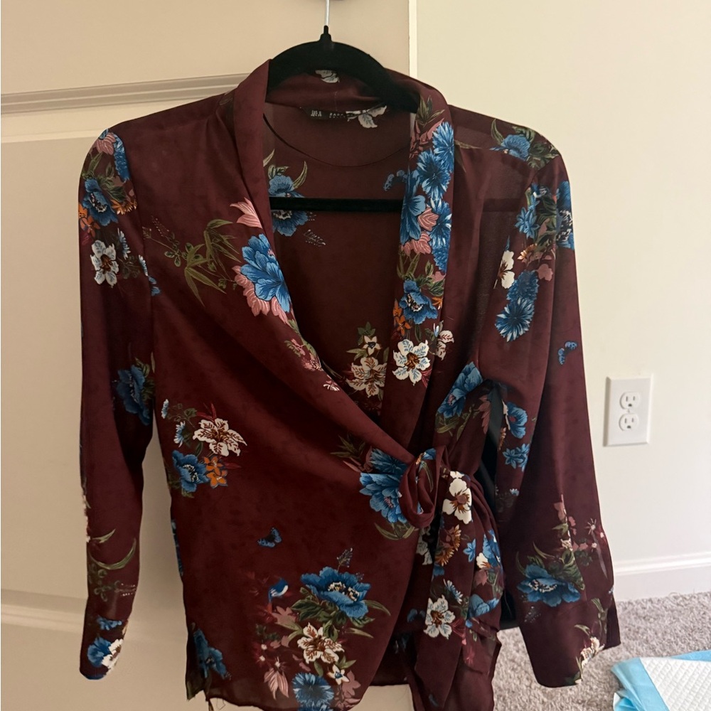 Zara Burgundy Floral Wrap Top worn once